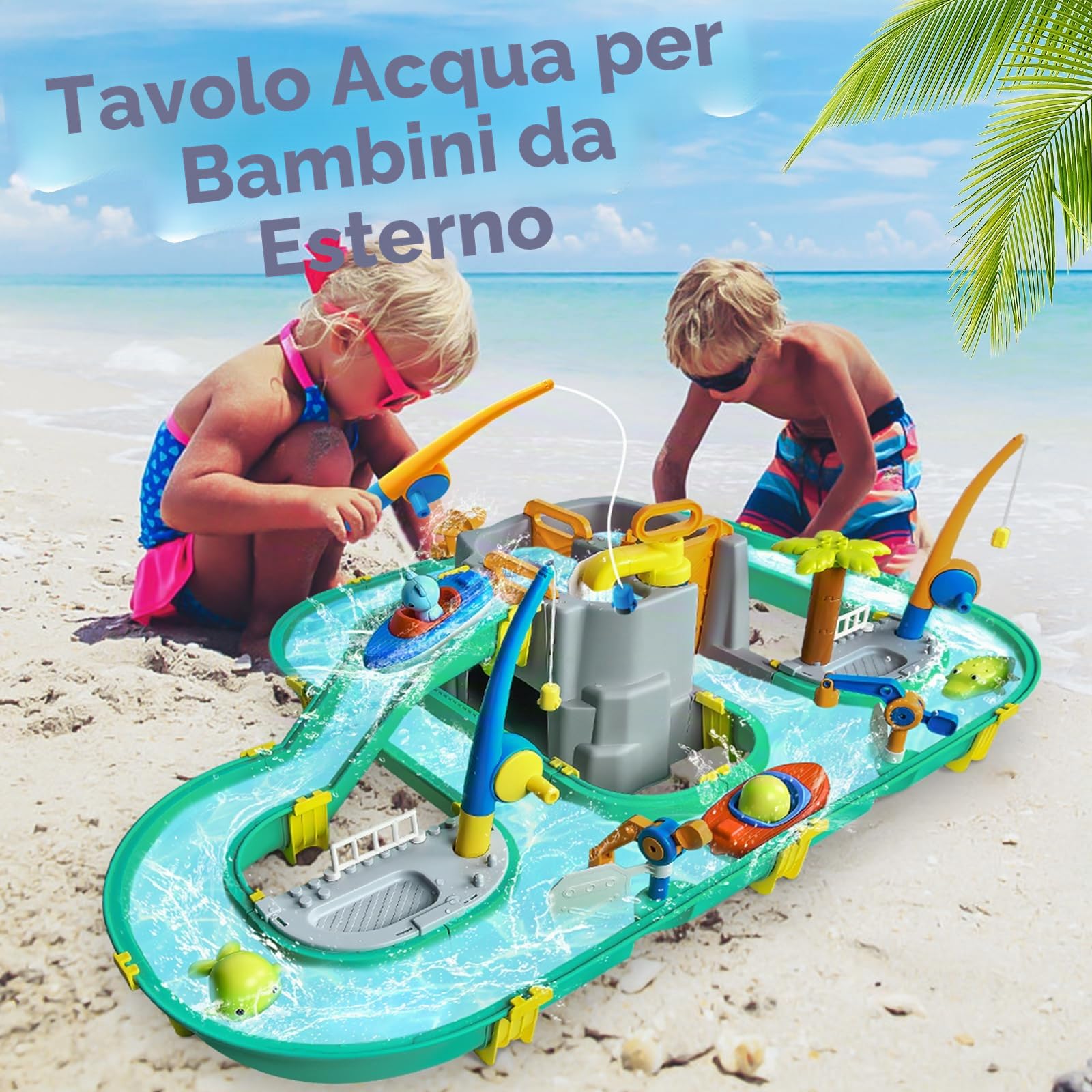 JONRRYIN Tavolo Sabbia e Acqua, Giocattolo Sabbia e Acqua per Bambini, Tavolo d'attività d'Acqua, Tavolo da Gioco per Sabbia e Acqua con 2 Barche per Bambini Gioco Spiaggia (57 PCS)