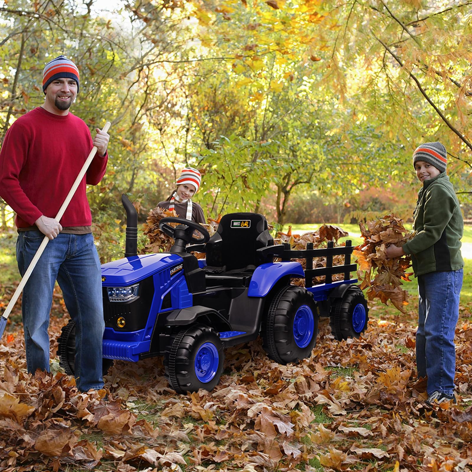 Tractor Eléctrico Niños con Remolque Desmontable Doble Motor 35W, Coche Eléctrico 12V a 6 Neumáticos para Niños con Control Remoto Música, 3 Velocidades, Faros de 7 LED, Cuerno (Azul)