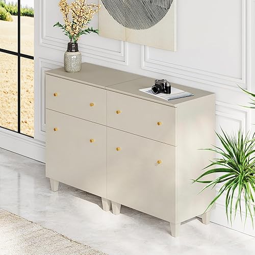 Miniatura 3 de Centro de entretenimiento para pantalla plana de 435055 pulgadas, soporte de gabinete de TV de madera beige con 2 cajones y puertas, mesa consola