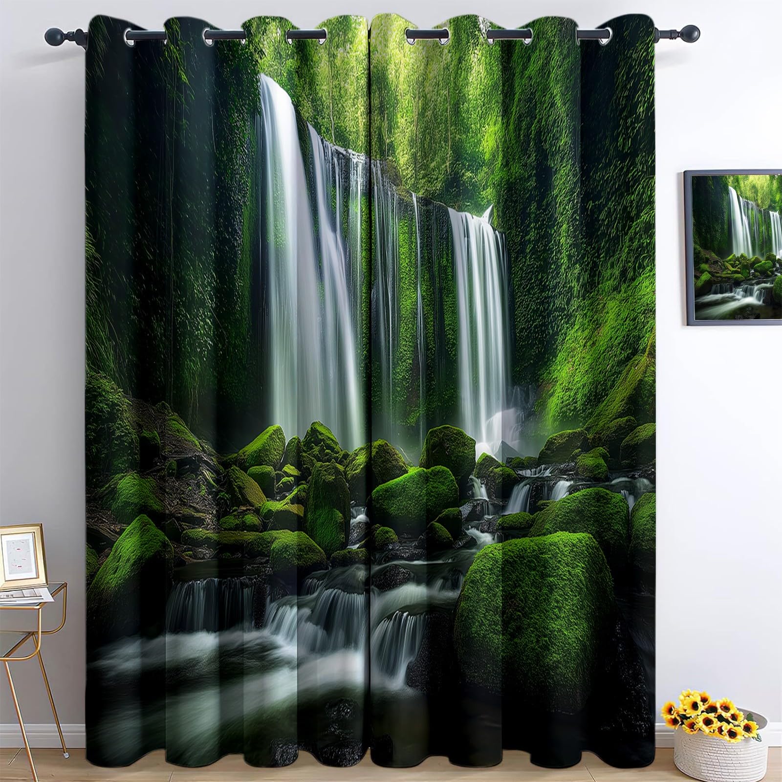 Rideau Occultant Forêt Tropicale Cascades forestières Tenture Opaque à Oeillets Draperies Intérieurs Lot de 2 Rideaux Thermique Isolant Protection UV pour Chambre Ferme Fenetre 2 x 140 X 260 cm