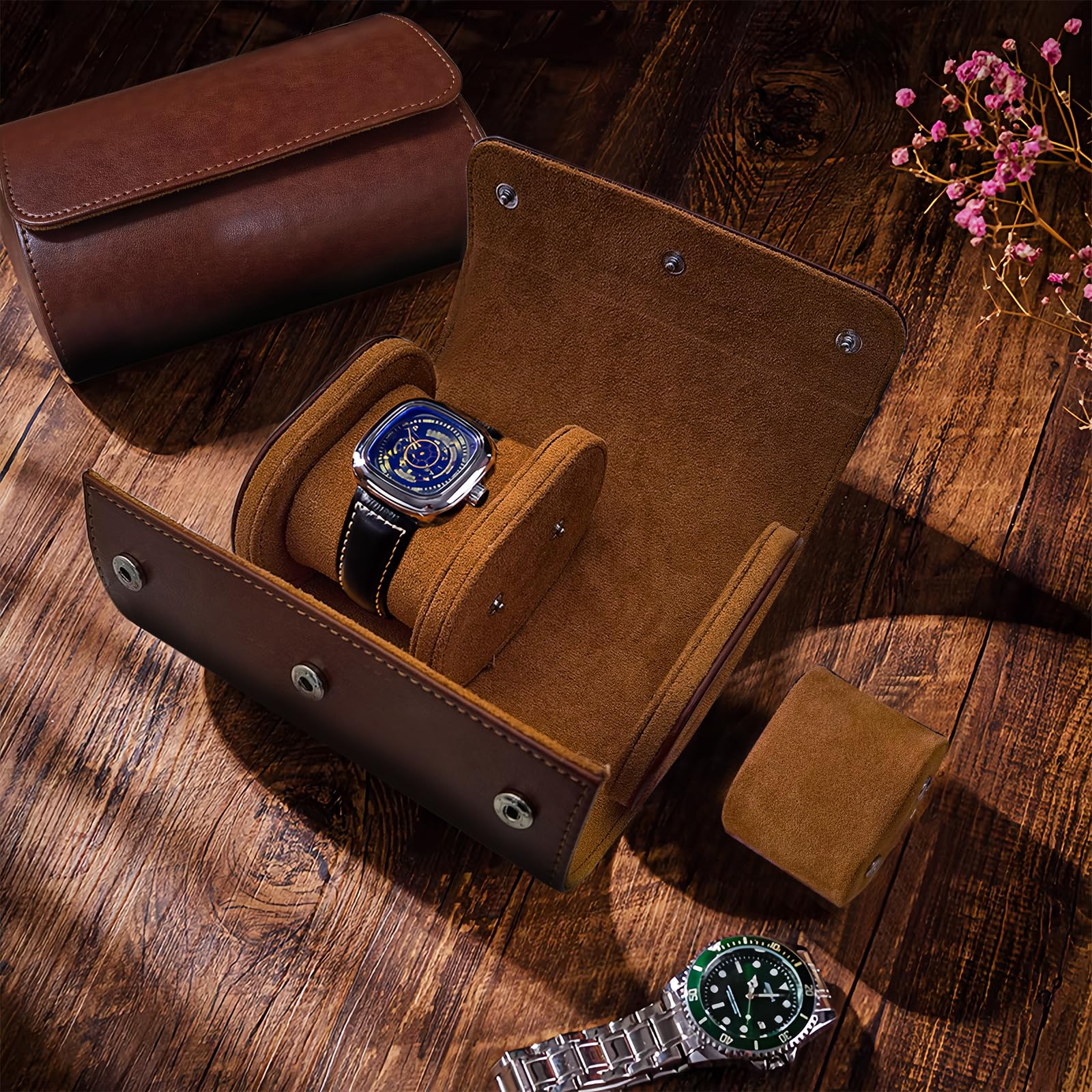 Scatola per orologi, custodia per orologi in pelle PU, espositore per singolo orologio, scatola portatile per esporre e conservare orologi, astuccio da viaggio arrotolabile per orologi con cuscino r