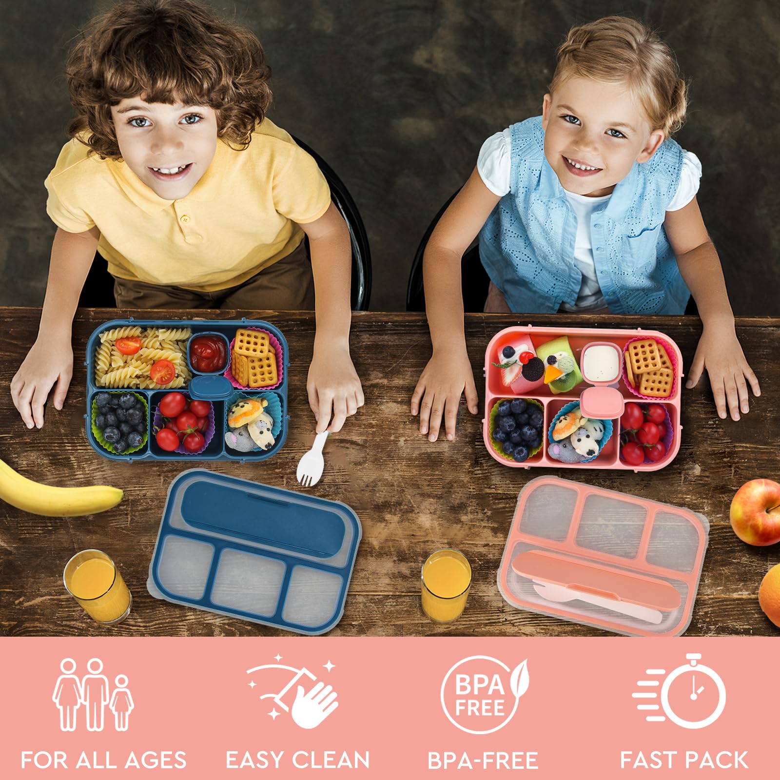MaMix Bento Box Lunchbox für Erwachsene, Lunchbox, Kinder, inklusive Lunchtasche für Erwachsene/Kinder/Studenten, 1300 ml, 4 Fächer, Bento-Lunchbox (rosa Set)