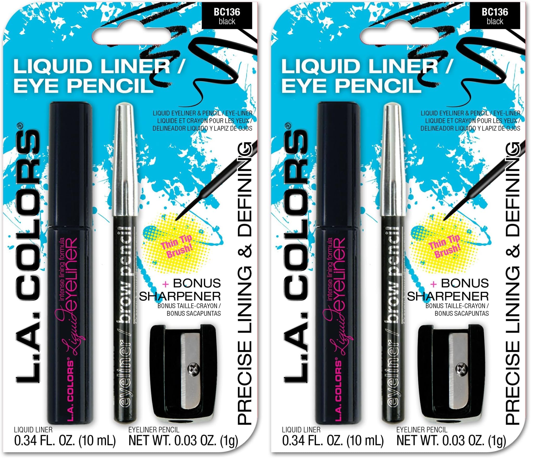 L.A. COLORS Liquid liner/eye pencil (carded), Black CBC136 (Pack of 2)