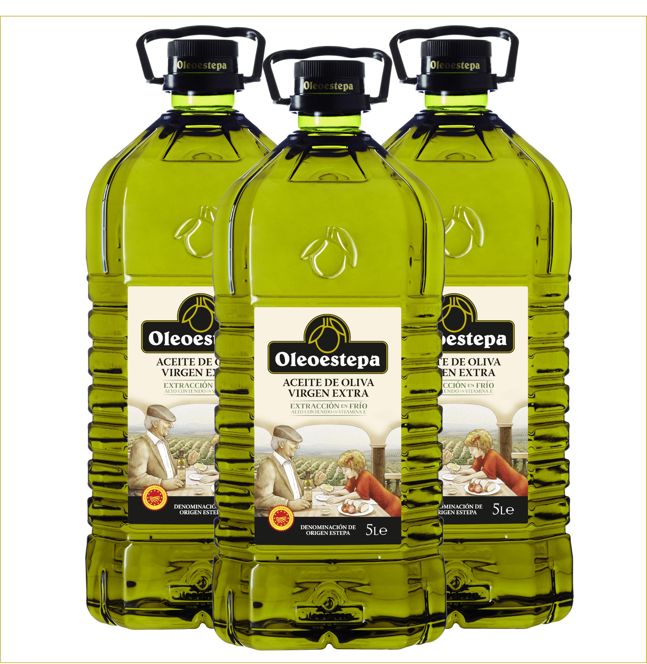 Oleoestepa - Aceite de Oliva Virgen Extra 5L –- Pack 3x5L –- DOP Estepa – Extracción en Frío – Variedades de la Comarca– Producción Sostenible –Frituras, Guisos, Sopas Frías y Escabeches.
