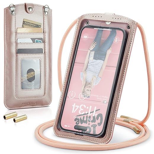 Casecond Small Crossbody Bag Cell Phone Purse for Women Men Leather Mini Shoulder Bag Wallet Case with Card Holder Slot Necklace Lanyard for All Smartphones iPhone Samsung Google up to 7.3" Rose Gold