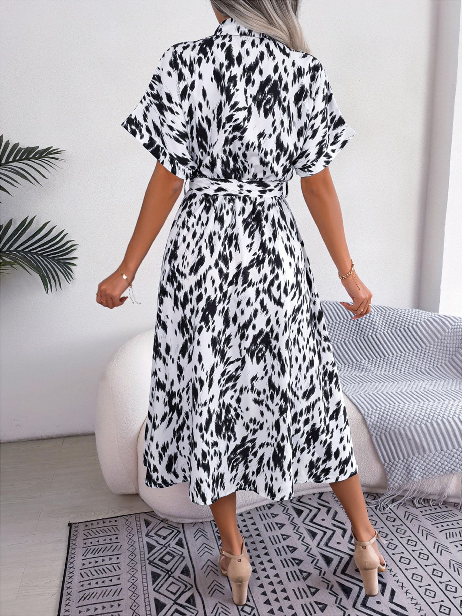 Abito da Donna Leopardo in Chiffon Loose Fit Collo con Revers Maxi Dress Elegante Abito Camicia da Donna con Cintura Prendisole Casual