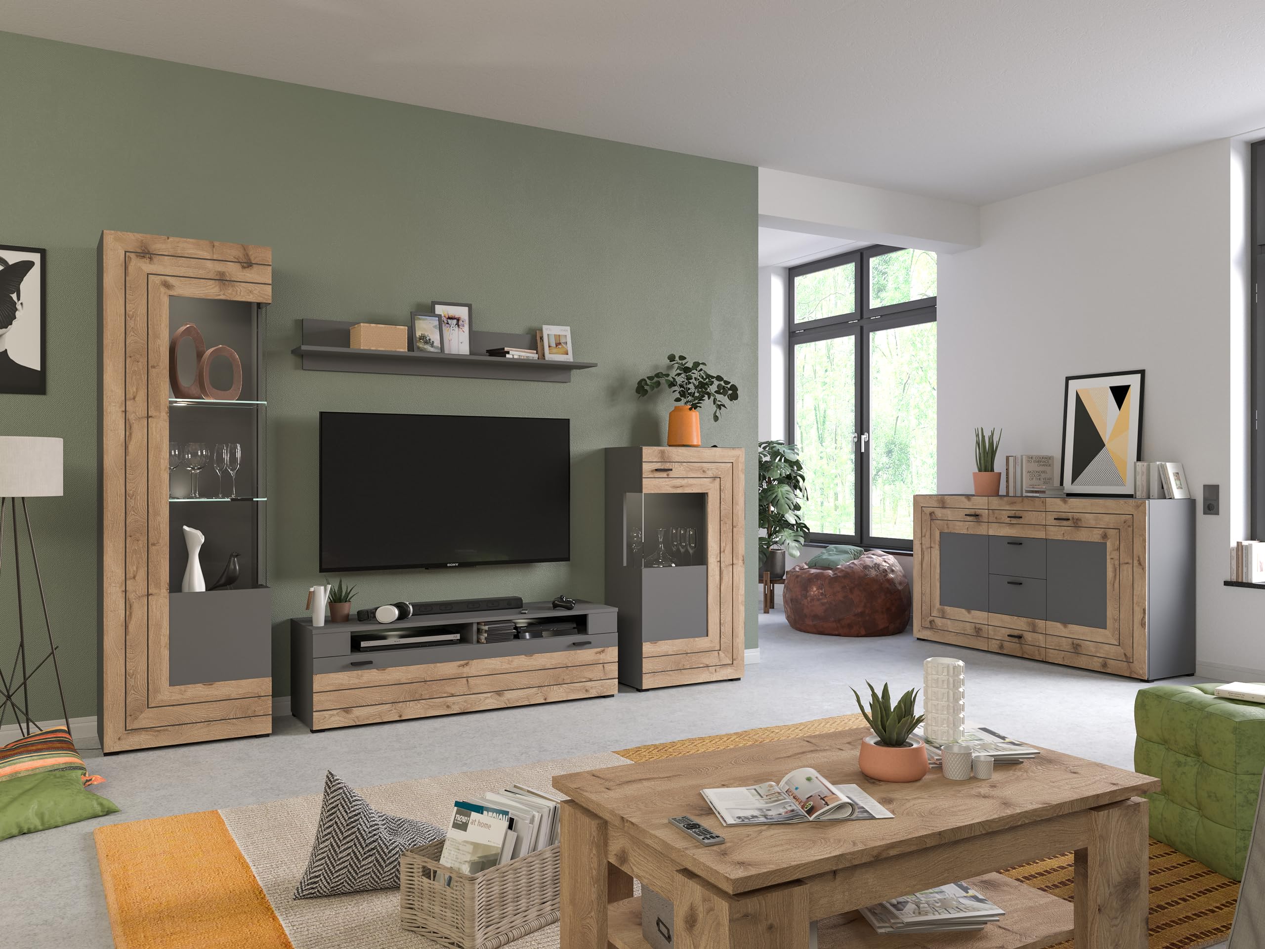 xonox.home - 4tlg. Kombination Freno 40x290x194 cm in grau Nb Absetzung Nox Oak Nb - Wohnkombination Wohnwand Wohnzimmermöbel Wohnzimmerschrank - modern und funktional