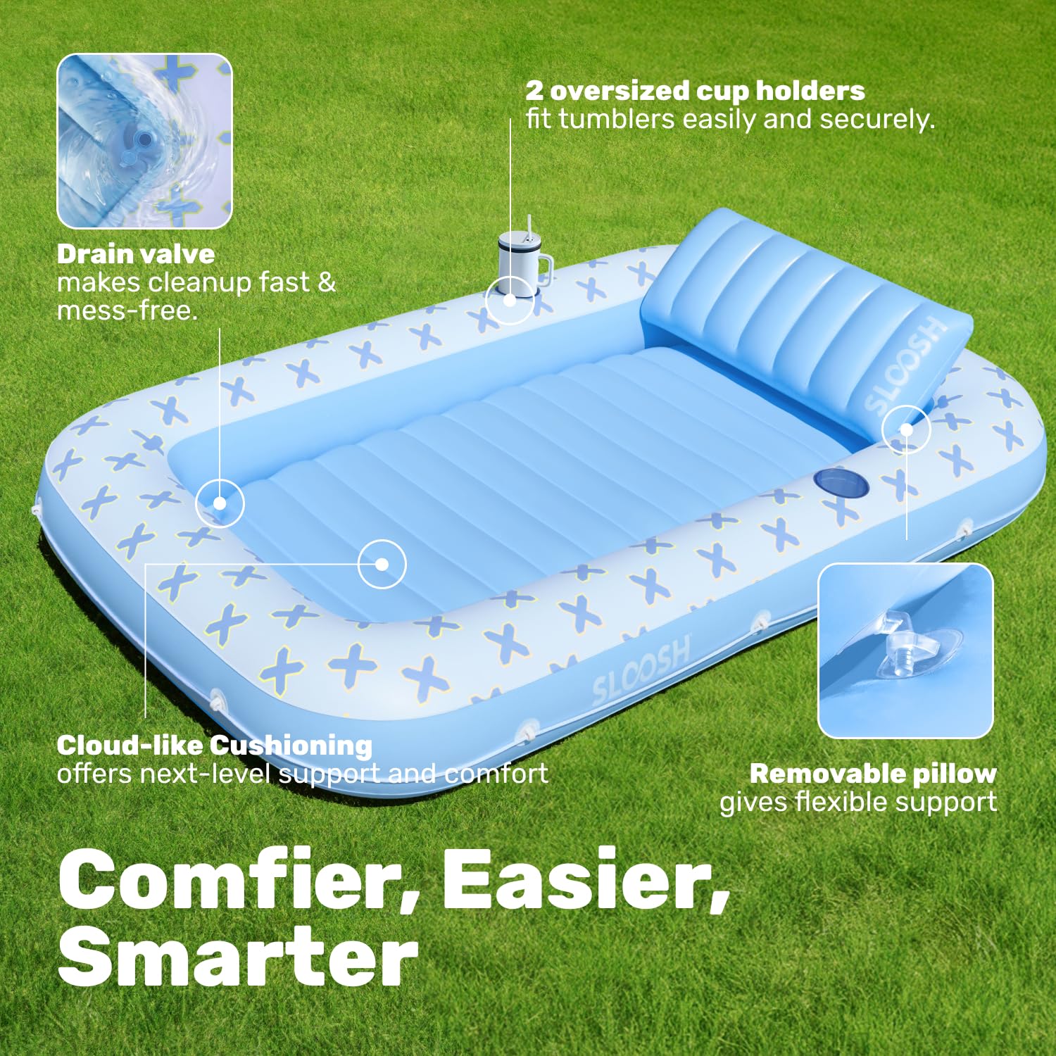 SLOOSH Chaise longue gonflable pour bronzage avec coussin, 178 cm x 117 cm, flotteur de piscine pour adultes, radeau de bain au soleil 4 en 1, lit de bronzage pour se prélasser dans l'eau, ballon