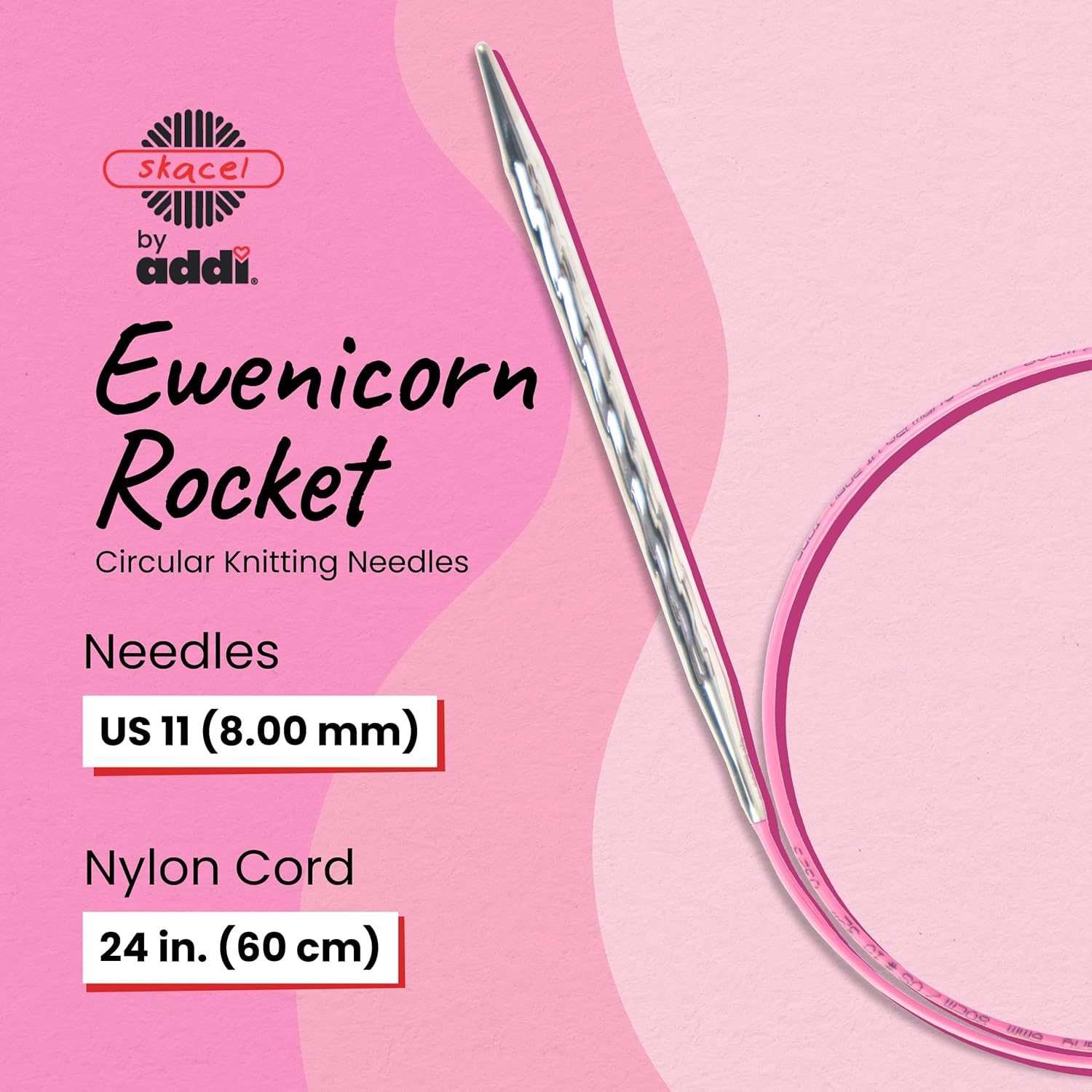 skacel by addi Ewenicorn Rocket Circular Knitting Needles, Fixed 24 Inch (60 cm) White Chrome Plated Brass Tips with Flexible Nylon Cord, 8 mm (US Size 11)