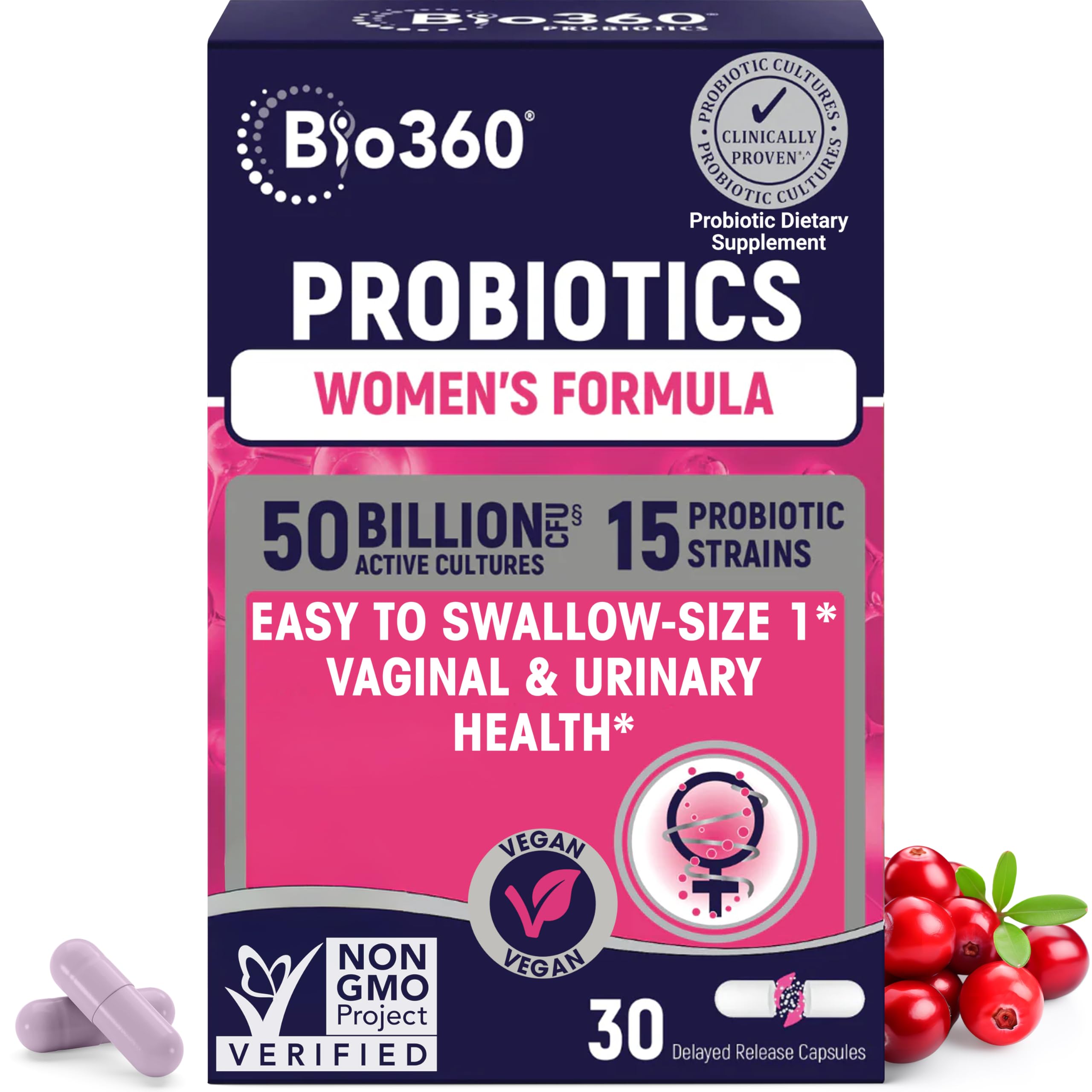 Bio360 Probiotics for Women Vaginigal Health - Supports pH Balance, Vaginal, Urinary, & Digestive Health - 50 Billion CFU & 15 Unique Strains for Healthy Vaginal Odor & Vaginal Flora - Shelf Stable