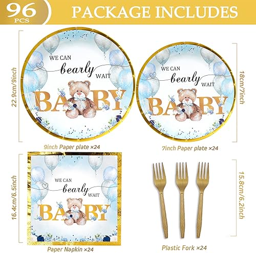 Miniatura 4 de Oso de peluche para baby shower, servilletas, vajilla  We Can Bearly Wait - Decoraciones de fiesta de oso de peluche azul, platos de papel