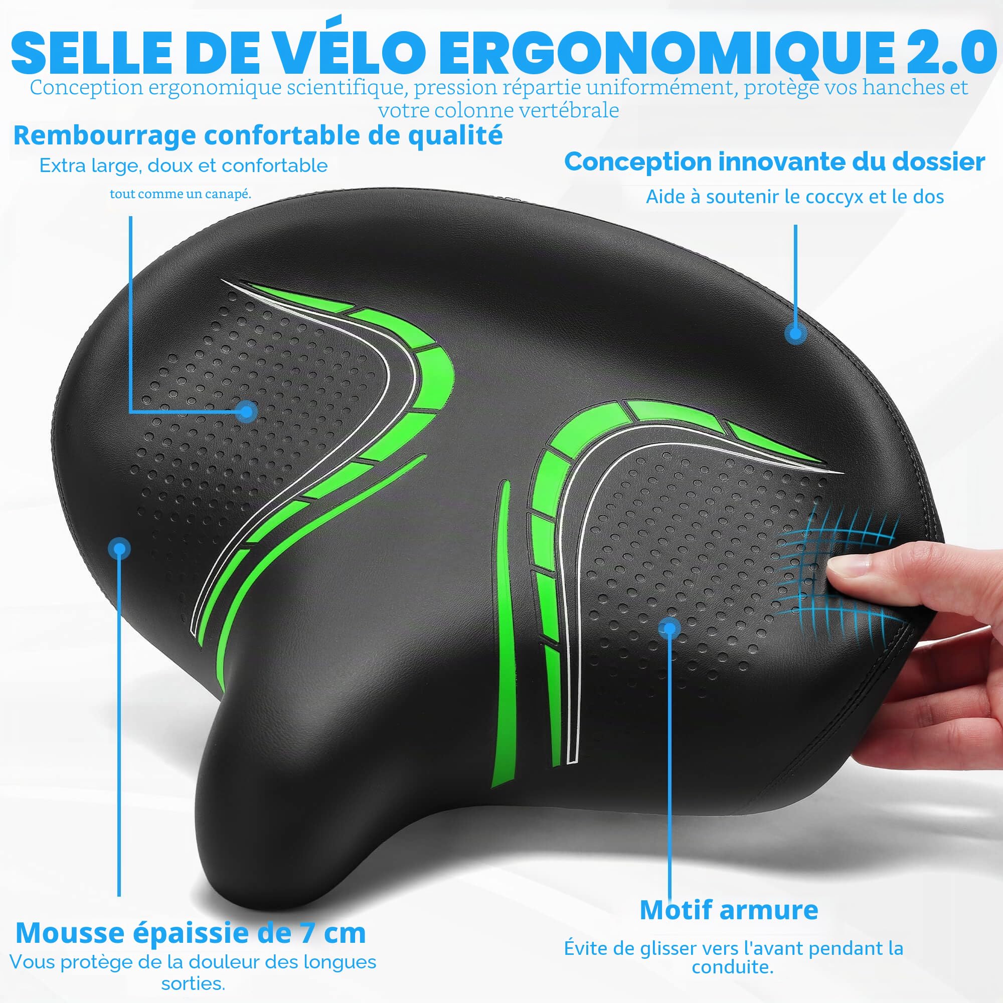 CDYWD Selle de Velo Ultra Confortable, Extra Large, Rembourrage Doux, avec Suspension, Homme Femme Selle Bike Life, Homme et Femme Selle de Vélo Ergonomique Anti Douleur