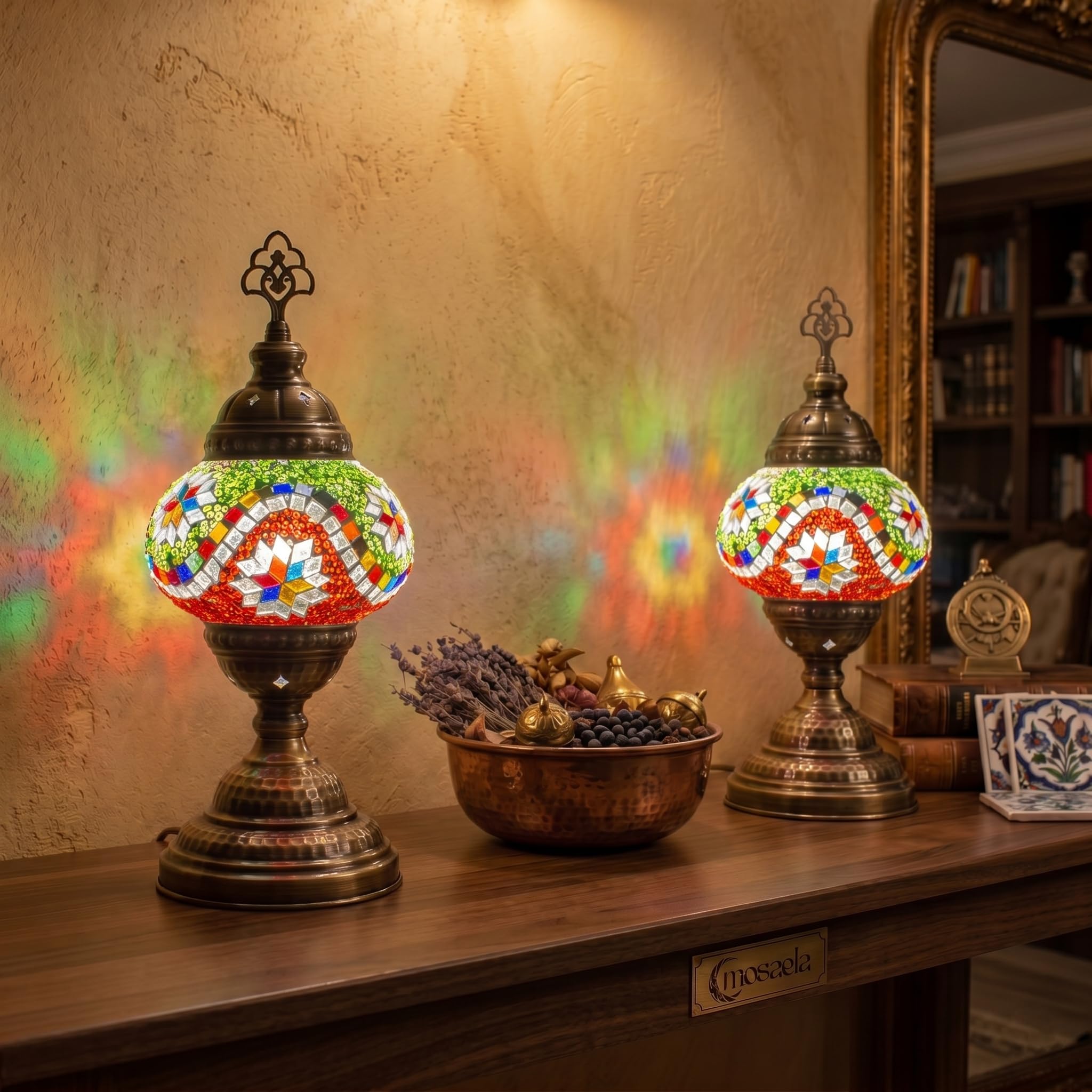 2X Turkish Moroccan Mosaic Table Lamp Stained Glass Bedside Light with 3 Color Options LED Bulb (Colorful)