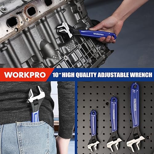 Miniatura 7 de WORKPRO Llave ajustable de 10 pulgadas, llave de mandíbula ancha de acero Cr-V con óxido negro, escalas métricas y SAE, para el hogar, garaje,