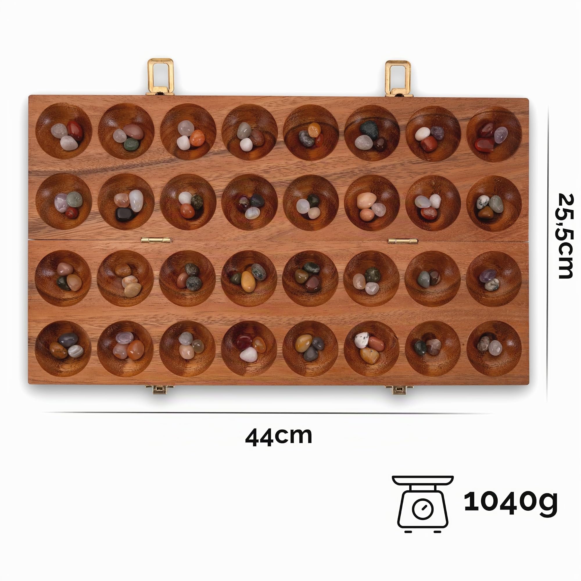 LOGOPLAY Hus - Gioco con chiusure in metallo, per 2 giocatori, Bao, Kalaha, Mancala, con pietre preziose incluse