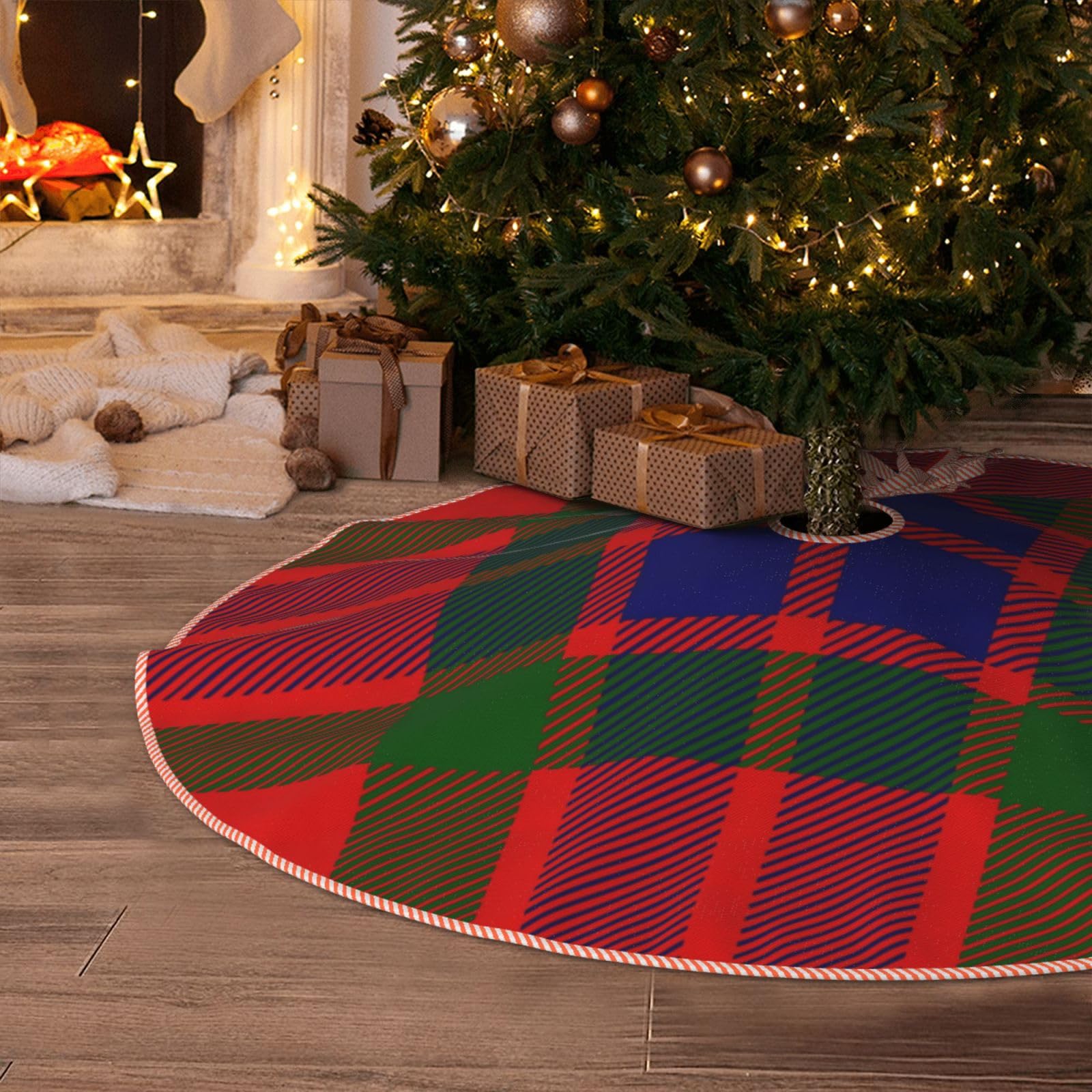 Christmas Tree Skirt Clan Fraser Tartan Rustic Xmas Tree Skirts Mat Festive Decoration for Merry Christmas and New Year Holiday Party 36"