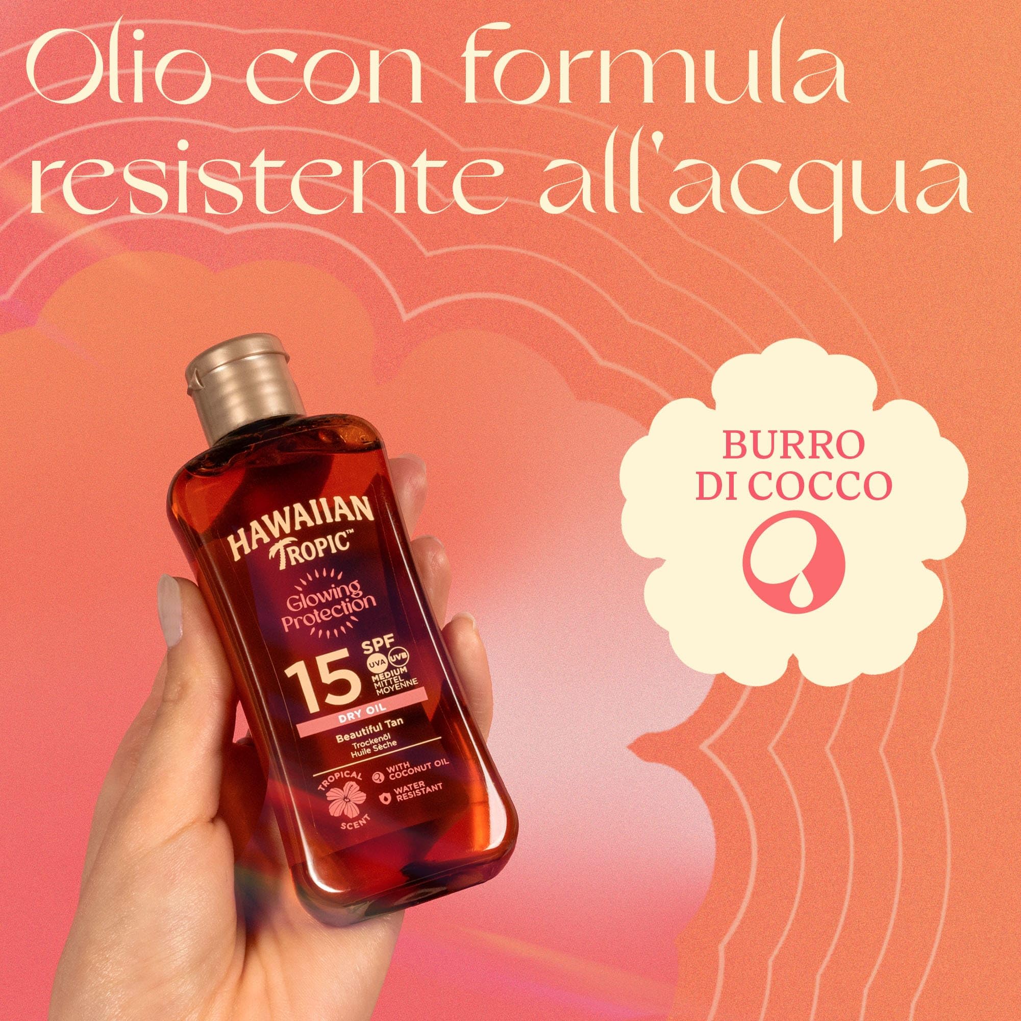 Hawaiian Tropic | Glowing Protection Olio Secco SPF 15, Formato da Viaggio, Profumazione Tropicale, con Burro di Karité, Resistente all'Acqua, Vegano