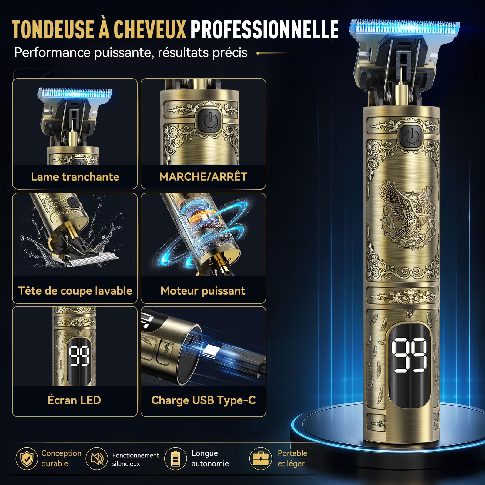 Tondeuse Cheveux Hommes, Tondeuse Barbe Homme Professionnel Tondeuse Cheveux et Barbe Homme Rasoir Electriques Hommes Sans Fil avec Ecran LED Intelligent Rechargeable USB C Cadeau Homme