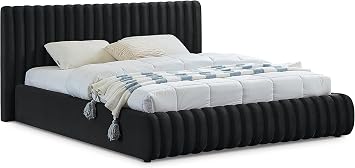 Meridian Furniture NicoBlack-Q Nico Collection Modern | Contemporary Velvet Upholstered Queen Bed with Rich Black Velvet and Deep Channel Tufting, 74" W x 91" D x 38" H, Black, Queen