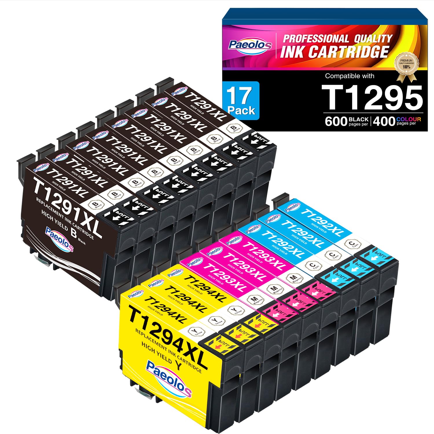 Paeolos T1295 Multipack Ink Cartridges T1291 T1292 T1293 T1294 Compatible for Epson Stylus SX535WD Ink Cartridges Stylus SX425W SX445W SX235W SX535WD WF 3520 (8Black 3Cyan 3Magenta 3Yellow)