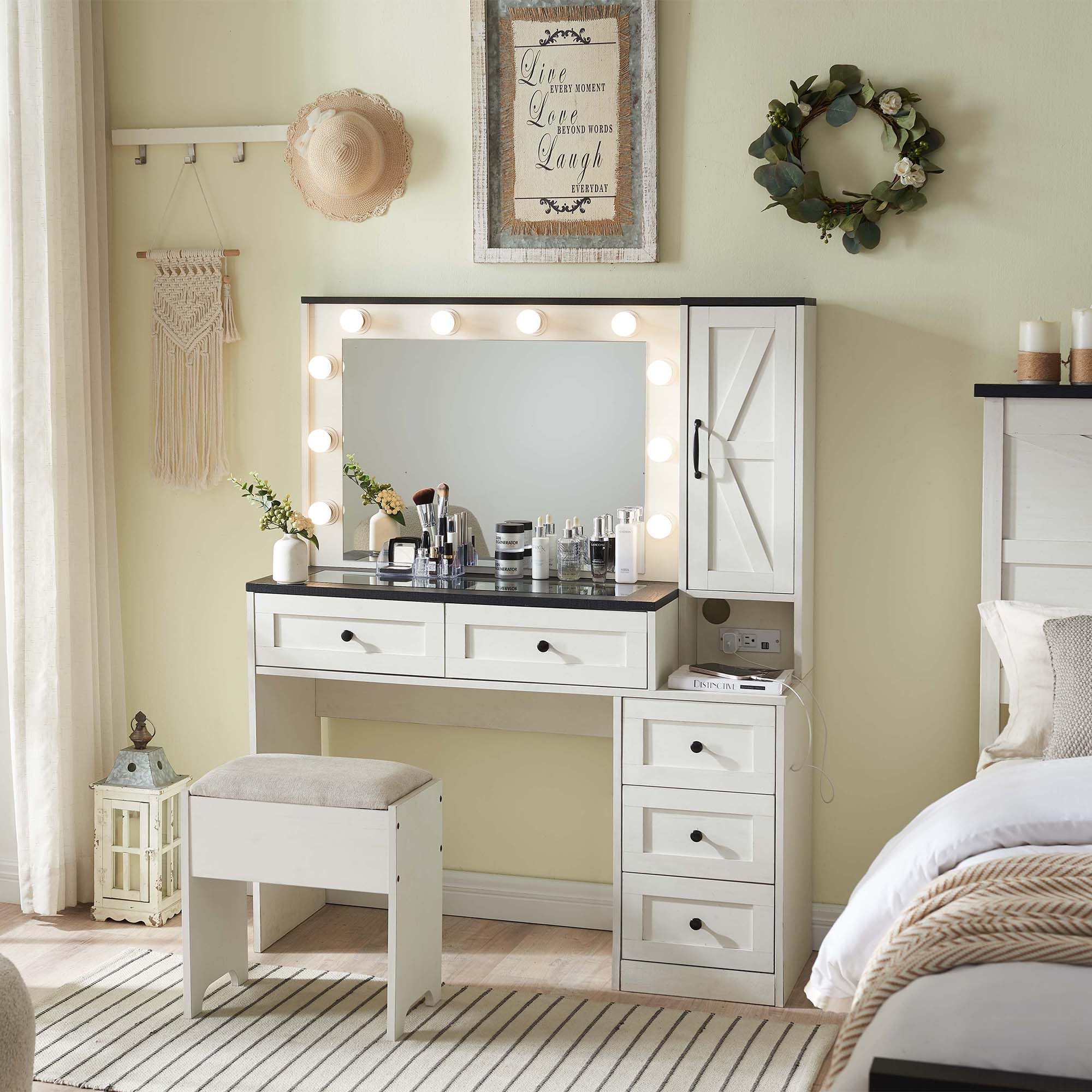 ACCOHOHO Farmhouse Vanity Desk with Mirror and Lights, 43" Wide Makeup Vanity with Glass Tabletop and Charging Station, Modern Vanity Table Set with Storage and Stool for Bedroom, Off White