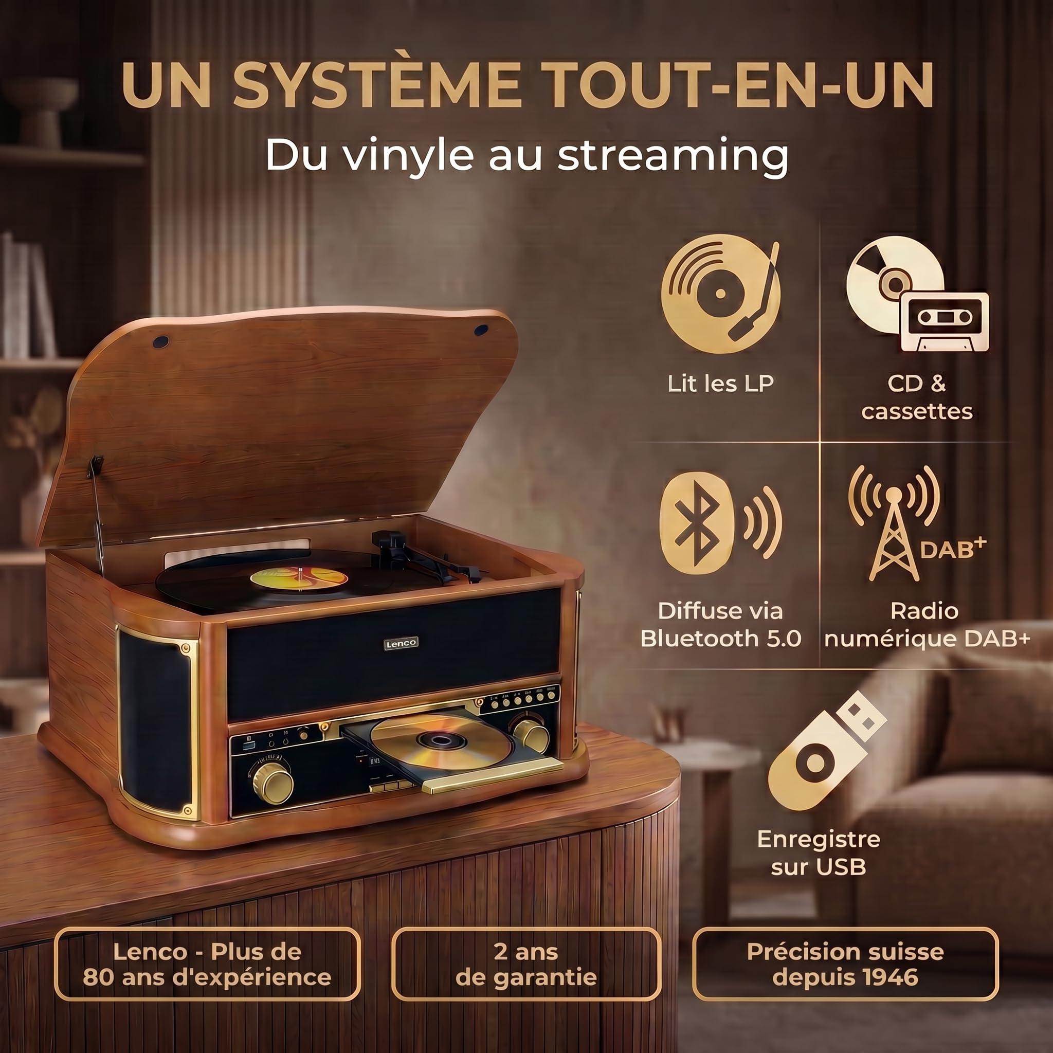 Lenco TCD-2571 Platine Vinyle, Tourne Disque Vinyle, Platine Vinyle Bluetooth - Haut-Parleur - Radio Dab+ - Lecteur CD - Platine Cassette - 3 Vitesses - Entraînement par Courroie - 2 x 5 Watt - Bois
