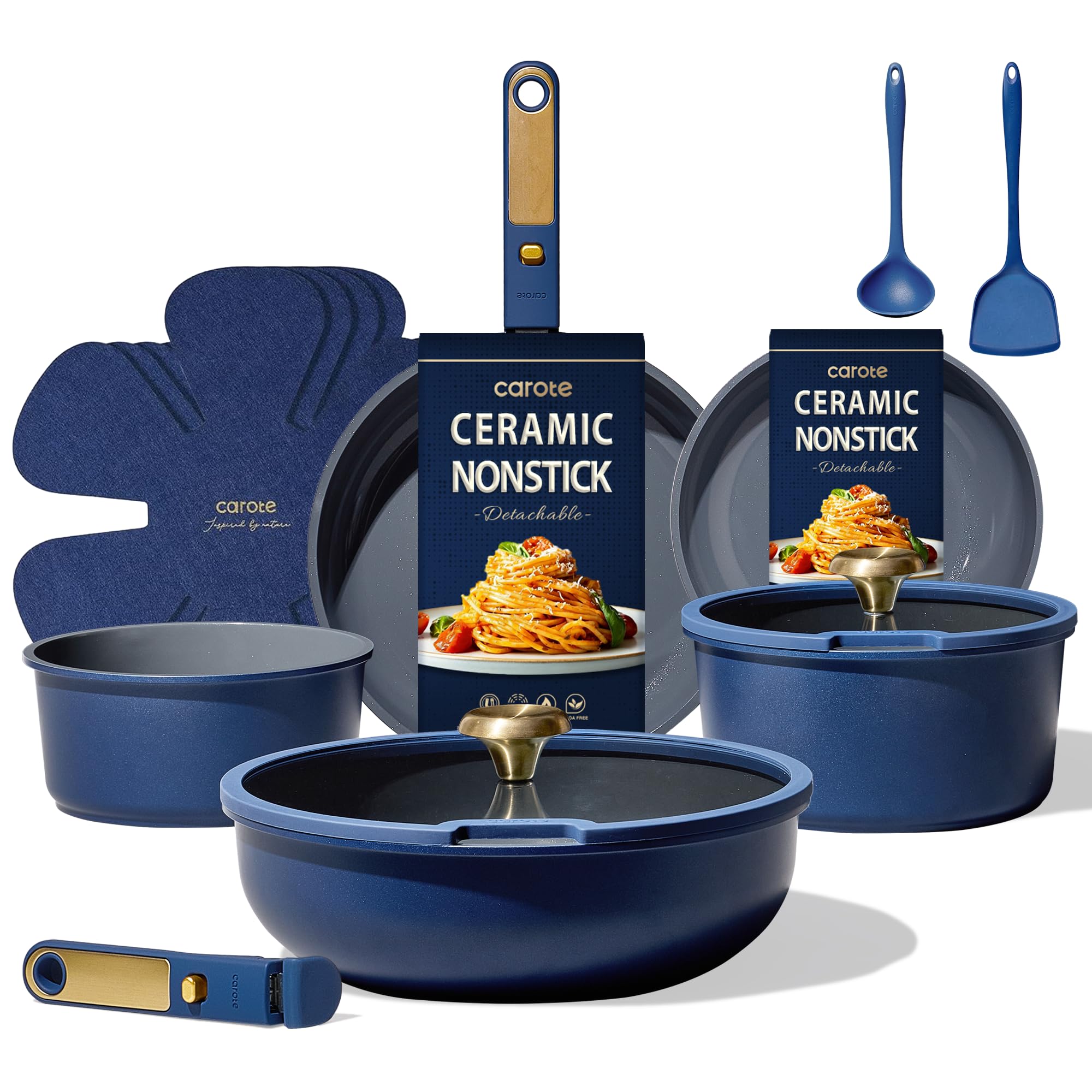 CAROTE Blue&Gold Ceramic Cookware Set, 15Pcs