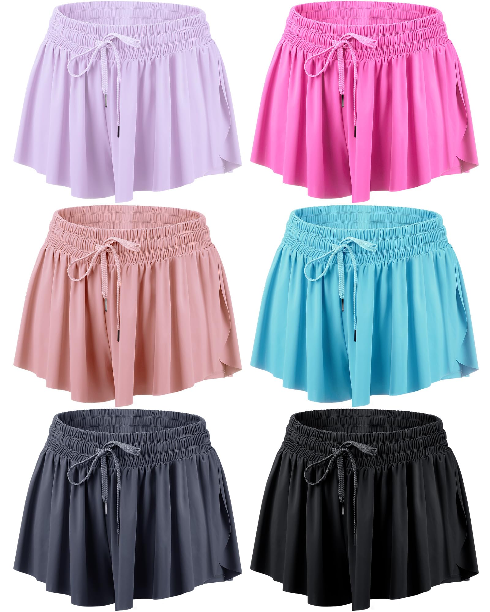 Didaey 6 Pcs 2 in 1 Flowy Running Shorts with Pockets Butterfly Gym Shorts Summer Women Workout Yoga