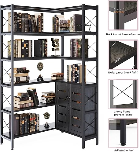 Miniatura 7 de Estantería esquinera pequeña de 6 niveles con armario de almacenamiento, estantería negra en forma de L con puertas, soporte industrial para