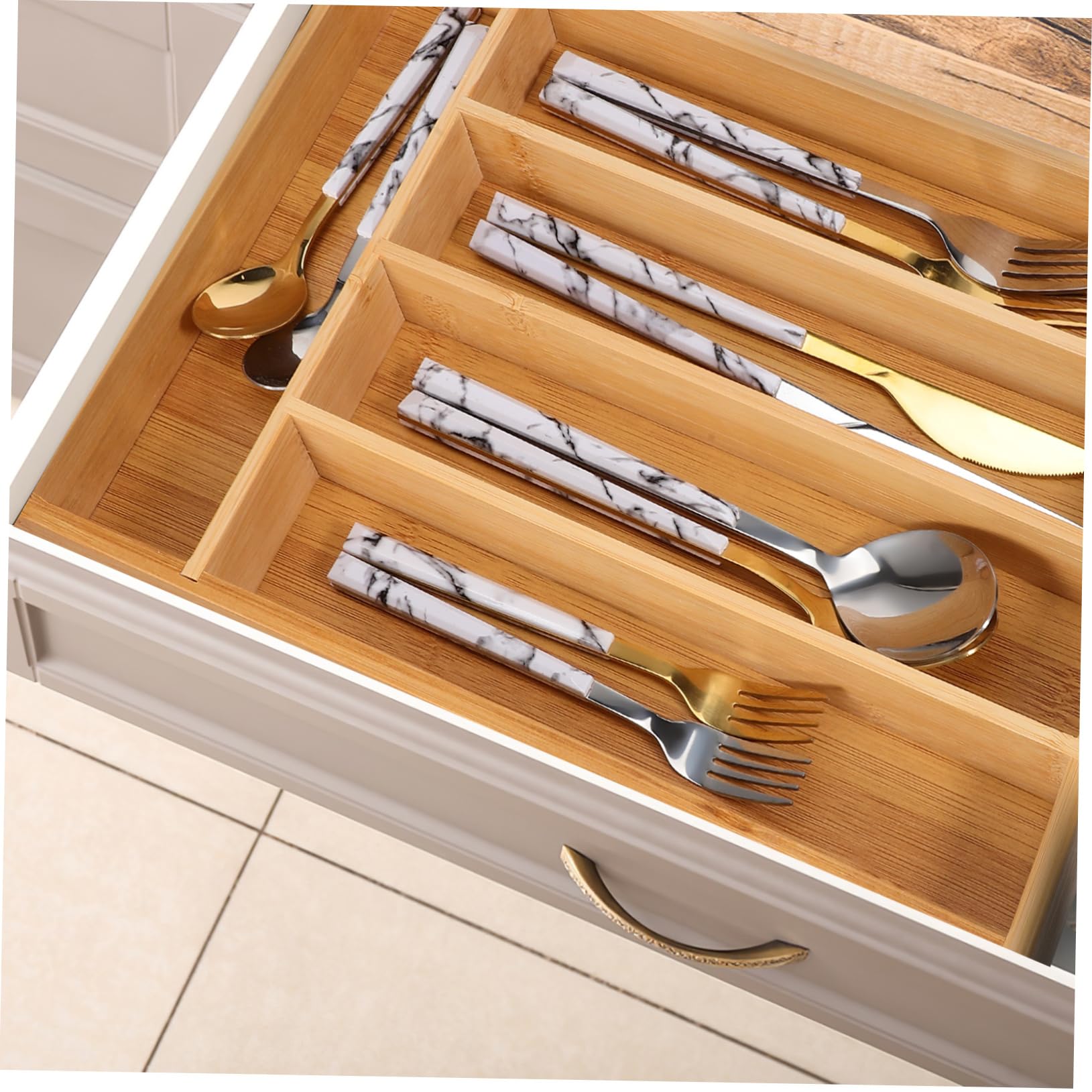 Alipis Bambus Küchenorganizer mit 5 Fächern für Einfache Aufbewahrung Elegantes Design und Verschleißfest für Küche und Schubladen Ordnung