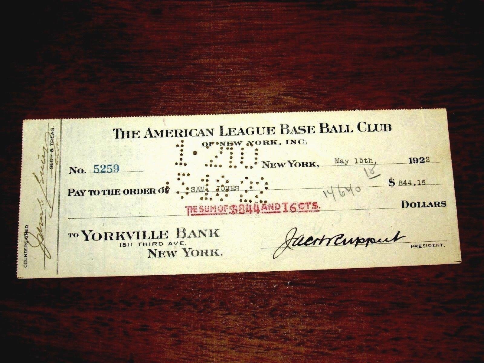 Jacob Ruppert Sad Sam Jones Yankees Hof Signed Auto Vtg 1922 Payroll Check Jsa - MLB Cut Signatures