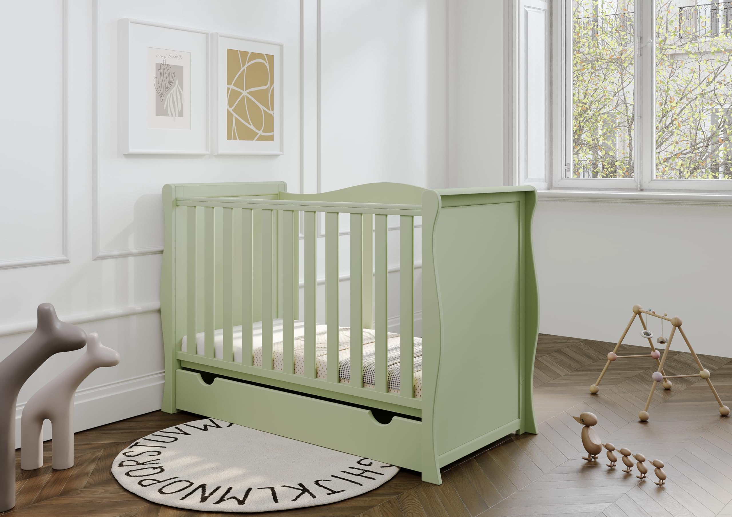 Viculii Willow Baby Sleigh Mini Cot Bed with Drawer | Pistachio Colour | Optional Mattress 120x60x10cm | 3 in 1 Baby Cot Converts to Toddler Bed Junior Bed (Cot with Drawer + Mattress)