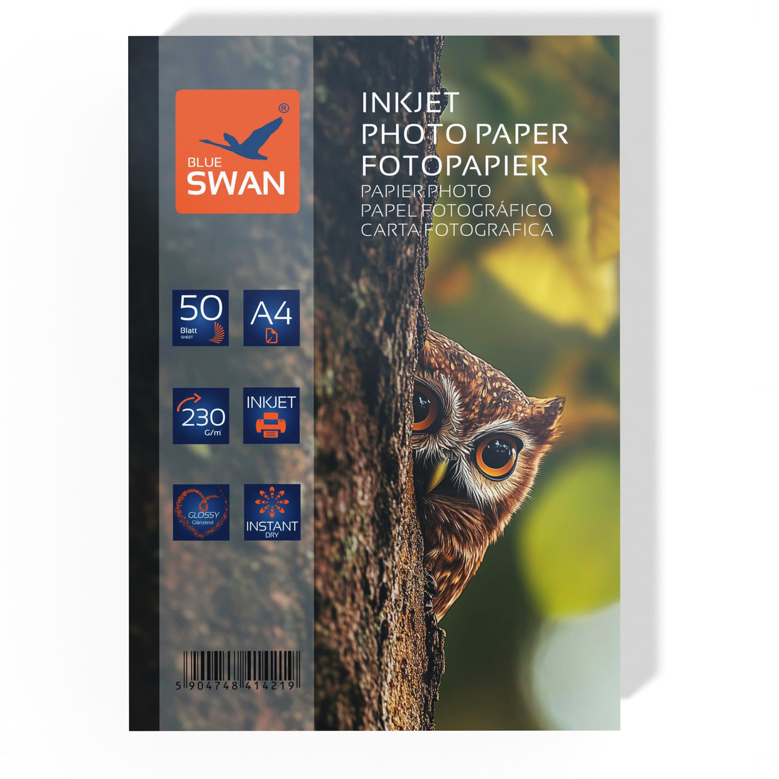 BLUE SWAN Carta Fotografica Lucida A4, 230 g/m² Extra Spessa, 50 Fogli – Bianco Lucido, Asciugatura Rapida, Resistente all’Acqua e ai Graffi, Compatibile con Stampanti Inkjet