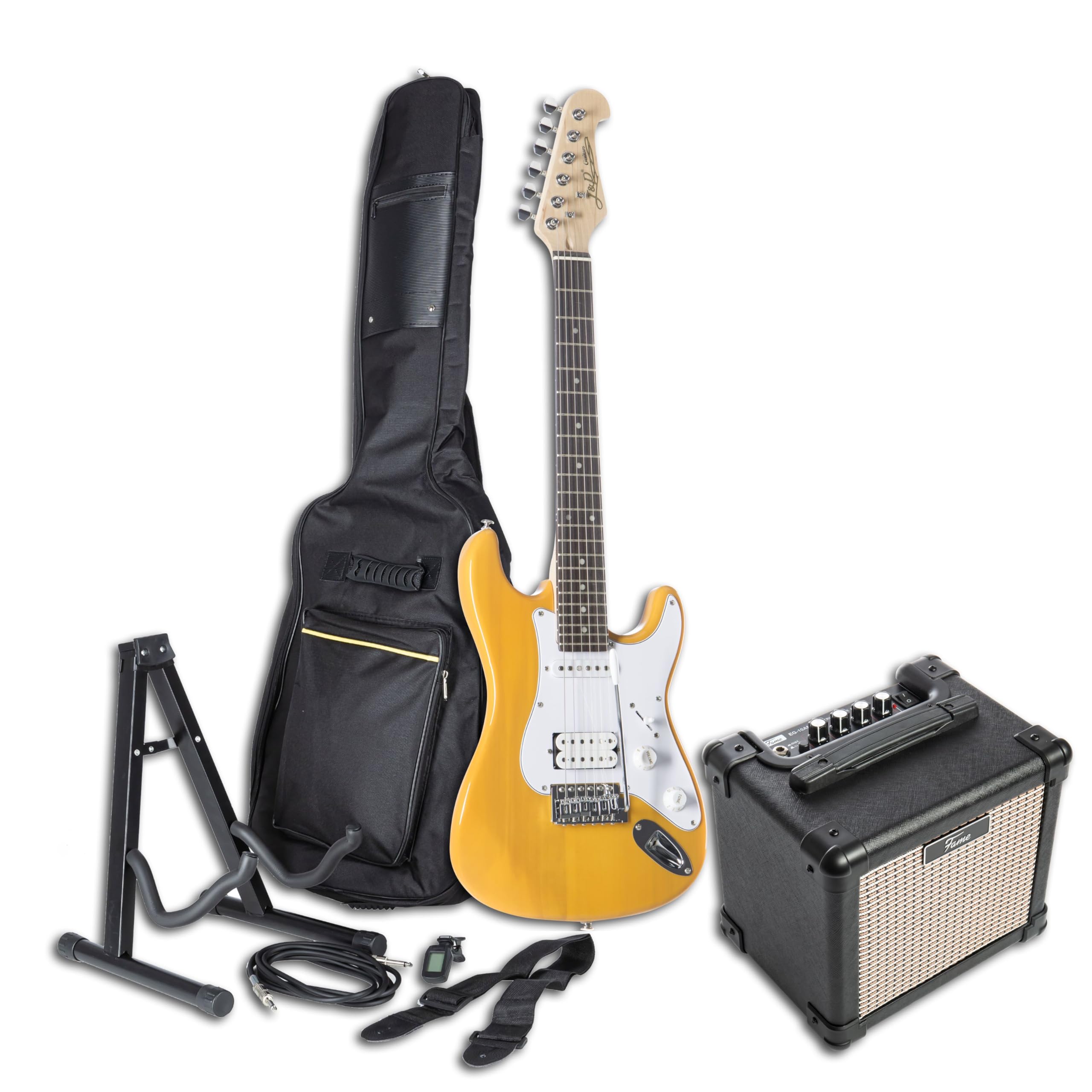 E-Gitarren Set, J & D ST-MINI Butterscotch Blonde, 6-Saiter, Erle, Ahorn, Combo Verstärker Fame EG-10AM, Zubehörpaket, Vintage Tremolo, 22 Bünde, Hochglanz Finish, ideal für Einsteiger