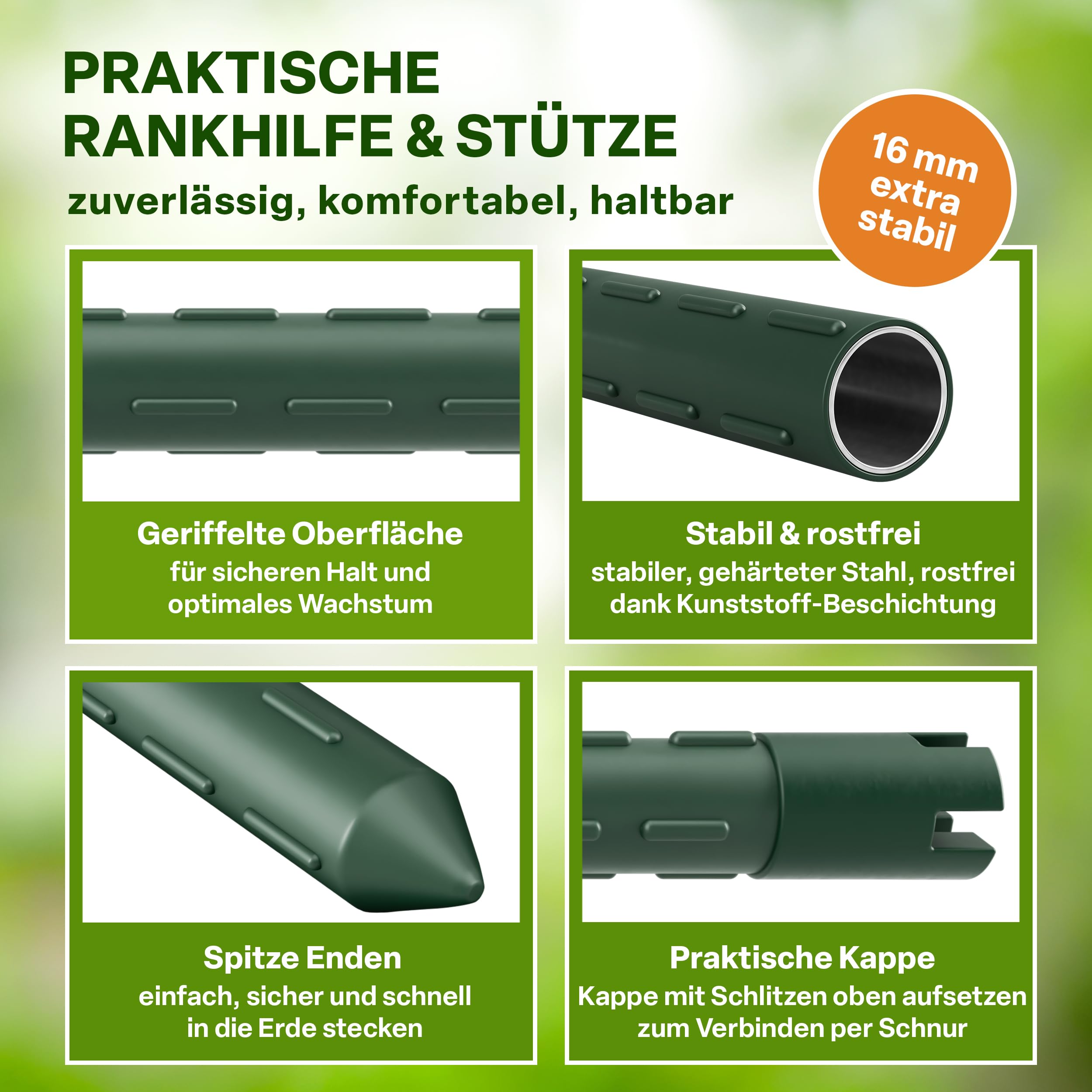 TTL GARDEN Rankstäbe 10er Set 150cm x 16mm Ø grün - extra stabile 16 mm Rankhilfe Pflanzstäbe + Klettband - Stahl rostfrei kunststoffbeschichtet Pflanzenstütze Blumenstütze Tomaten Paprika & Blumen