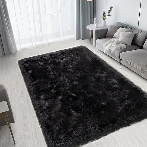 Miniatura 65 de SERISSA Alfombra suave y esponjosa de piel de oveja sintética, color beige, alfombra lanuda para el suelo del dormitorio, alfombra mullida