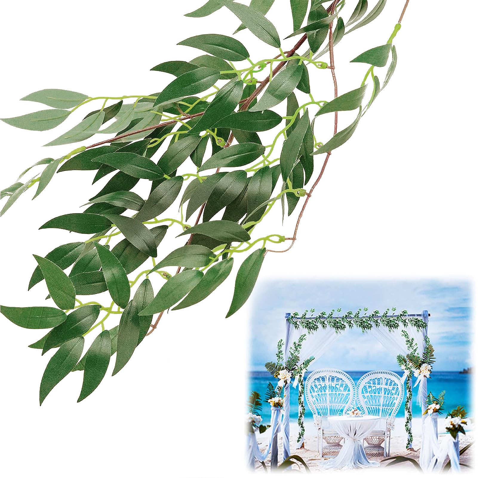 ANPHSIN 5 Pack (28ft) Artificial Willow Leaves Vines Twigs- Fake Silk Hanging Willow Plant Greenery Garland String for Indoor Wedding Party Crowns Wreath Decor, Outdoor Wall Garden Decoration