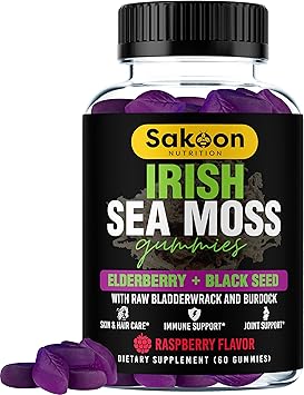 Sakoon nutrition Irish Sea Moss Gummies w/Elderberry & Black Seed Oil - Beauty, Thyroid & Immune Support | Rich in Vitamins, Raspberry Flavor | 60 Gummies