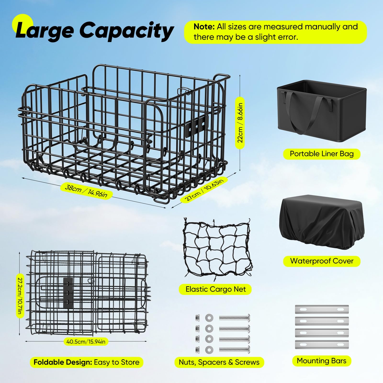 Cesta Trasera para Bicicleta, Plegable, con Bolsillo Interior extraíble, Cubierta Impermeable, Cubierta de Malla, portaequipajes, Cesta de Marco para Transportar Mascotas y Compras