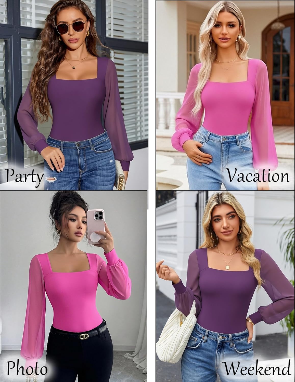 Avidlove Women Puff Long Sleeve Bodysuit Mesh Square Neck Thong Sexy Body Suits Double Lined Leotards - Image 5