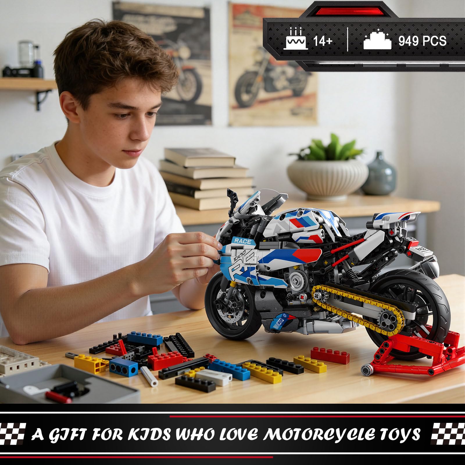 Brihappen Juego de construcción de motocicleta a escala 1:8 1000 RR para adultos, kit de modelo de motocicleta técnica con función de dirección, soporte de exhibición, 949 piezas de modelo de