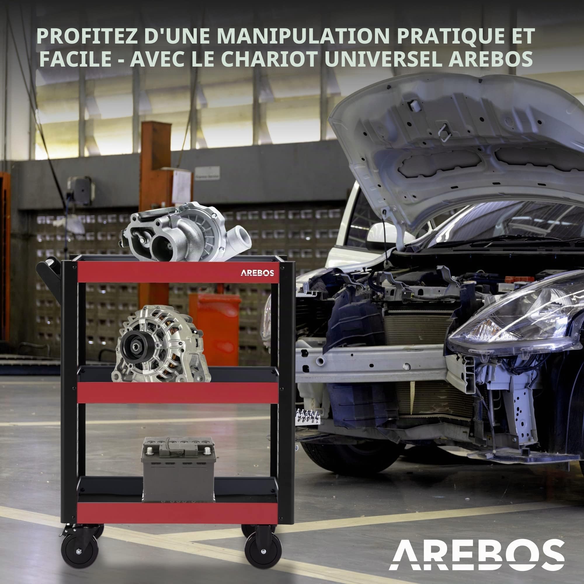 Arebos Chariot de Service Multifonctions | 3 Compartiments | Atelier, Outils, Transport et Stockage | Plateaux Multi-usages