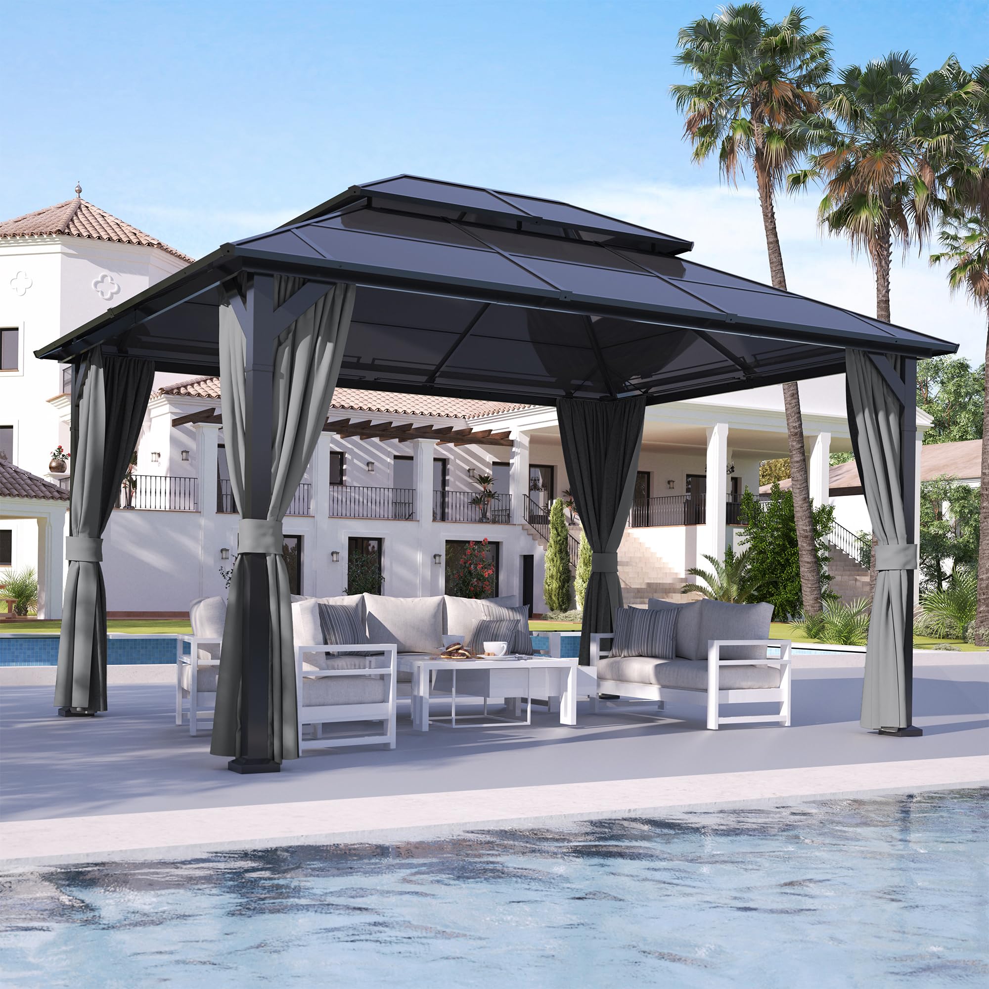 Amopatio Tonnelle de Jardin, 3 x 4 m, étanche, Stable, résistante à l'hiver, avec Polycarbonate – Double Toit, Toit Rigide, avec parois latérales pour Jardin, terrasses, Gris foncé