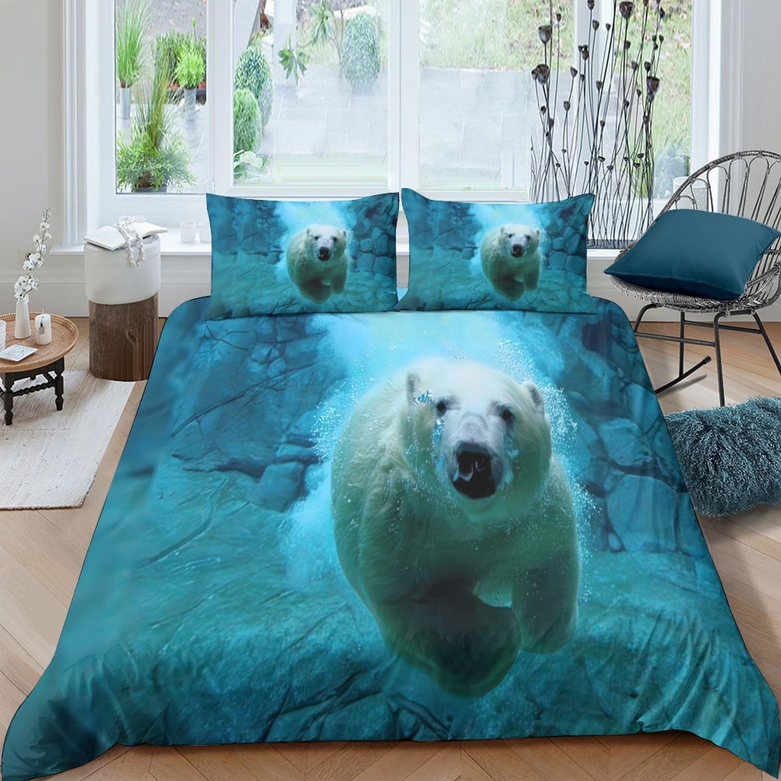 TUFRTGYHN 3D Printed Polar Bear Underwater Duvet Cover Microfiber Soft Breathable Ocean Scene Bedding Set with 2 Pillowcases for Bedroom Decor Single（135x200cm）