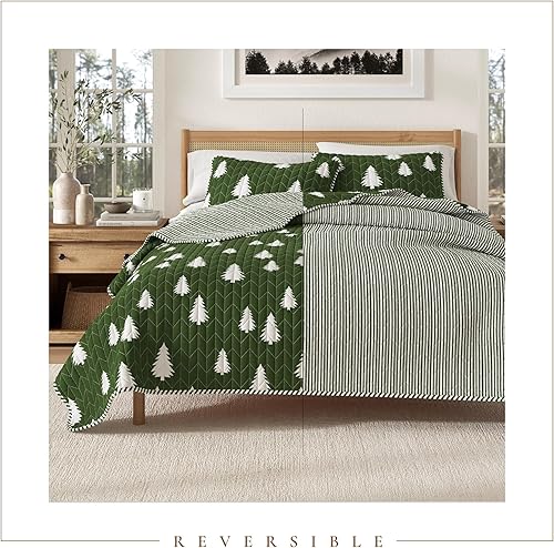 Miniatura 4 de Great Bay Home Juego de colcha reversible de tamaño individual de color verde oliva de estilo rústico de cabaña y funda decorativa de almohada apto