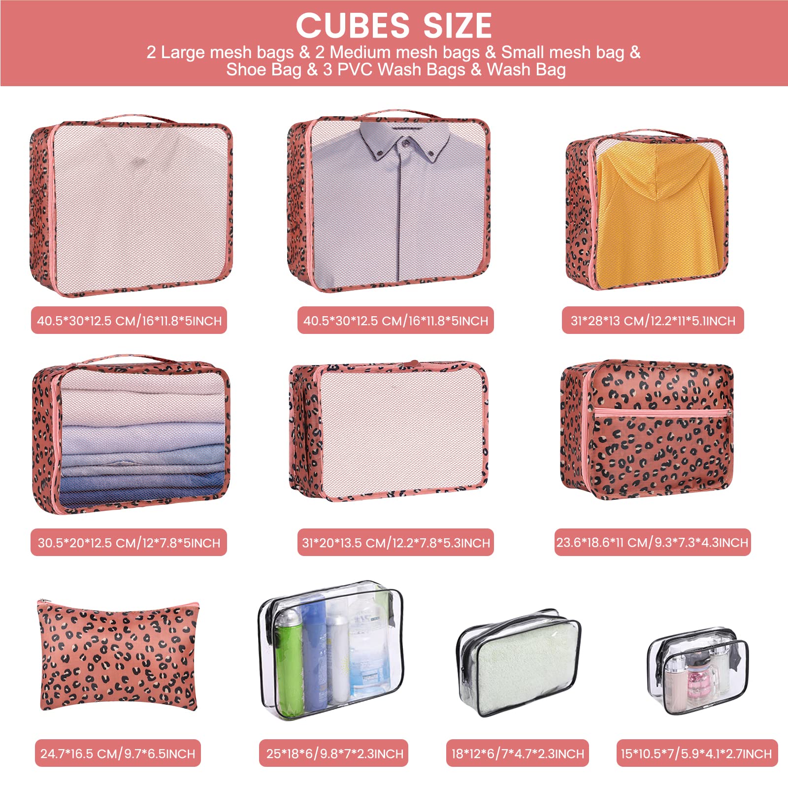 Enloffi Organizer Valigie 10 Pezzi Set Sistema di Cubo di Viaggio Impermeabili Viaggio Accessori Utili per Vestiti Scarpe Biancheria Intima Cosmetici Set di Valigie Portaoggetti, Motivo Leopardato
