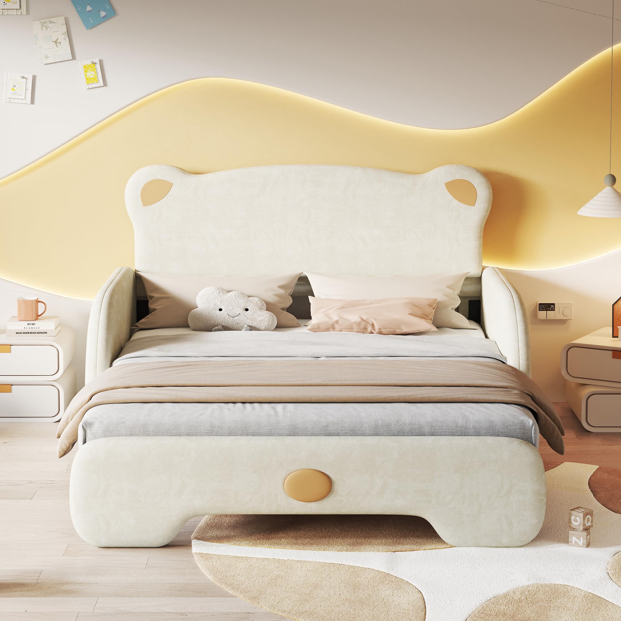SUKY Letto matrimoniale a forma di orso, 140 x 110 cm e 140 x 200 cm, letto imbottito, lettino per bambini, letto da giorno, letto estraibile, con bordi protettivi morbidi, con doghe in legno, velluto