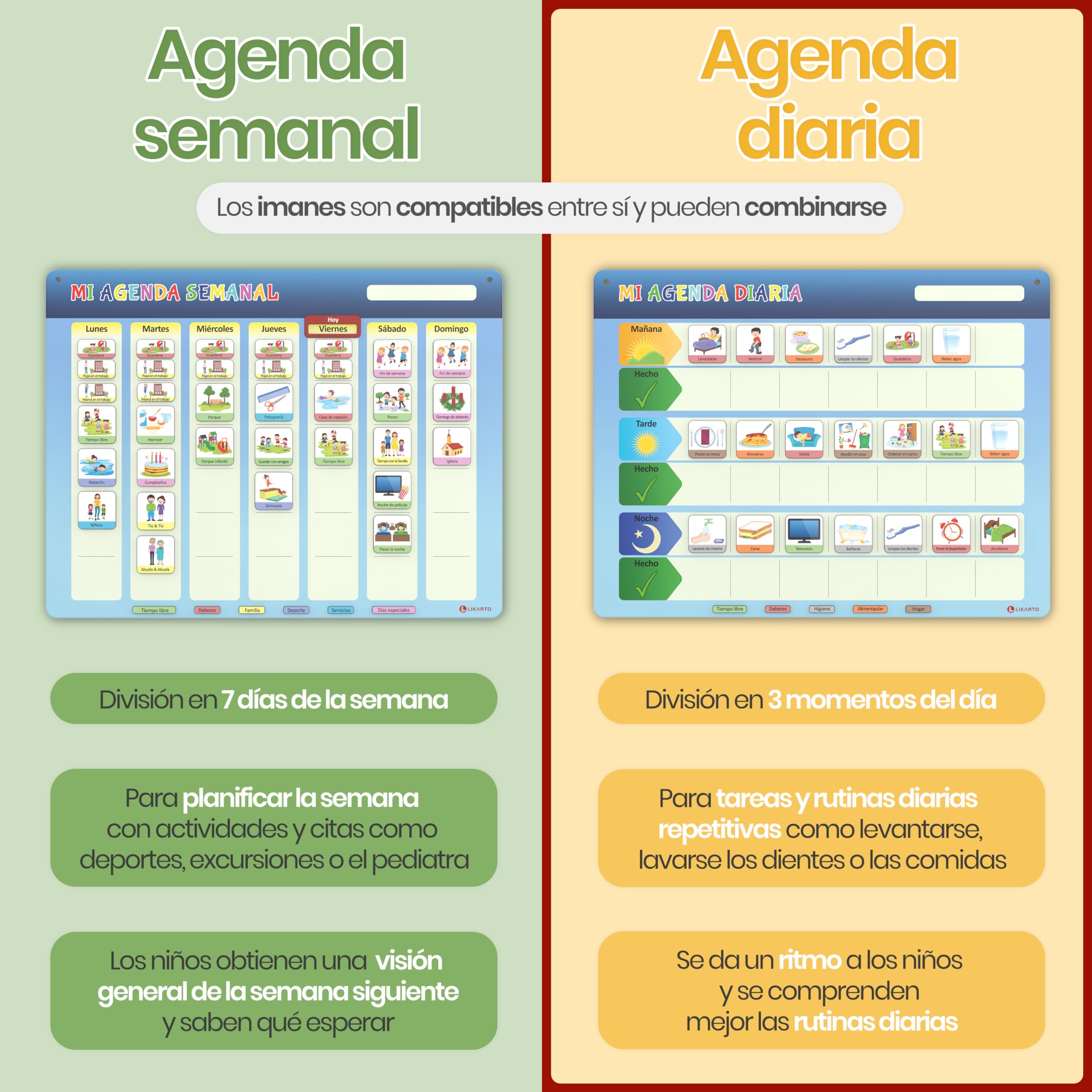 LIKARTO Agenda diaria para niños - Pizarra magnética planificador de Montessori con 152 imanes y cordón - Se puede escribir y borrar completamente - Aprende las rutinas diarias
