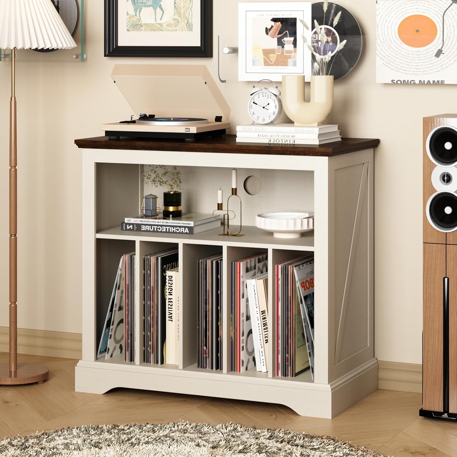 Soporte grande para tocadiscos de granja, soporte para tocadiscos con almacenamiento de vinilo, soporte para discos de madera, estante de exhibición