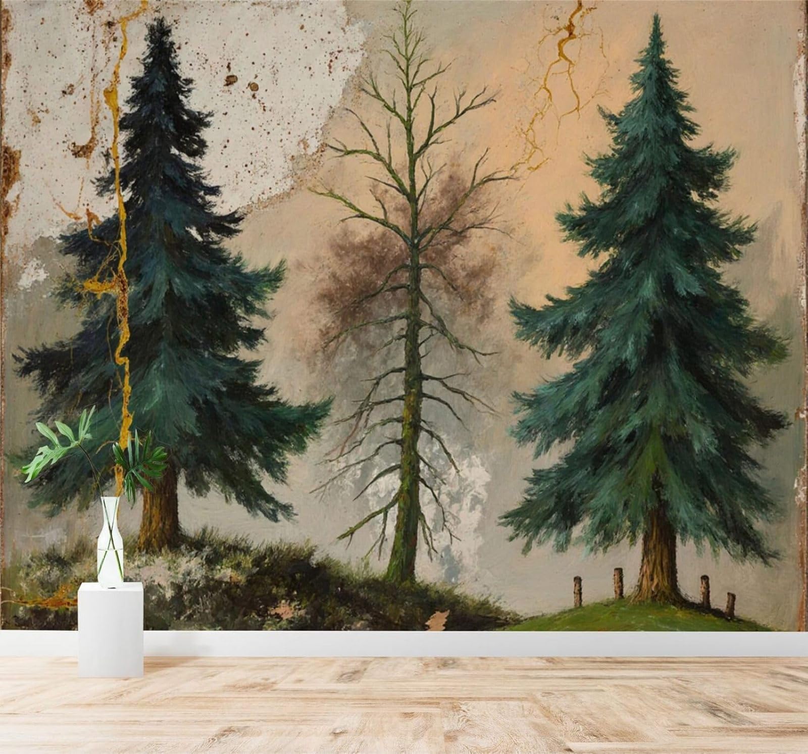 Xlming 350Cm×256Cm(B×H) Vintage Hand Painted Pine Trees Forest Scenery Art 3D Wallpaper Silky Texture Home Study Office Grey Dining Room Sofa Bedroom Living Room Tv Backdrop-350Cm×256Cm